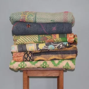 PATCHWORK KANTHA VINTAGE QUILT THROW 10 PC BEDSPREAD QUILTED KANTHA - Picture 1 of 10