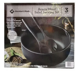 Member's Mark 12" Acacia Wood Salad Bowl with Serving Utensils, Black - Picture 1 of 4