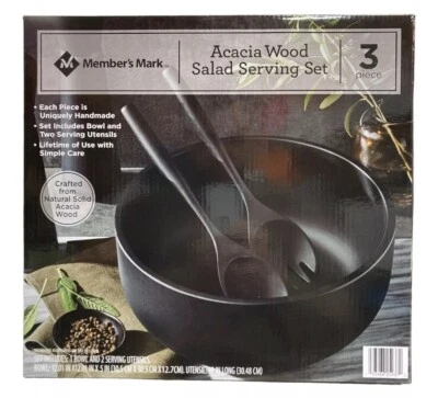 Member's Mark 12" Acacia Wood Salad Bowl with Serving Utensils, Black - Image 1 of 4