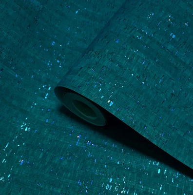 Real natural cork teal green on metallic foil striped textured modern Wallpaper - Image 1 of 4