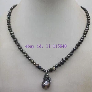 Natürliche 4-6 mm schwarze Süßwasser & Barock Perlen Anhänger Halskette 18" Geschenk Frauen - Bild 1 von 7