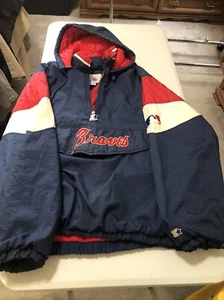 Vintage Atlanta Braves Starter Jacket XL Puffer 1/4 Zip Hooded Quilted Lining - Picture 1 of 11