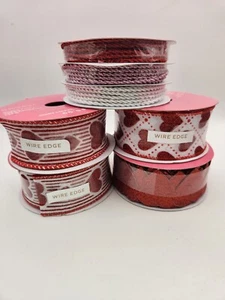 Mixed Lot 5 spools Craft Ribbon Red Valentine's Day Heart Theme New Wire Edge ❤️ - Picture 1 of 7