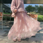 Damen Bestickter Rock Netz Blumenmuster Kleid Perle A Line Hohe Taille Pink