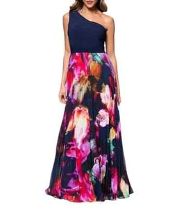 Xscape Blumendruck One-Shoulder-Ausschnitt Plissee Kleid Dress Gr 10 $ 278 C*1571 - Bild 1 von 6