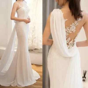 Bride Vestido De Noiva White Backless Lace Mermaid Ball Gown Wedding Dress - Picture 1 of 5