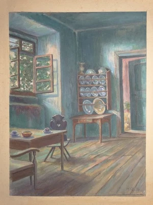 Küchenraum - Esszimmer - Monogramm MGE - große Handzeichnung Gouache 1927 - Bild 1 von 4