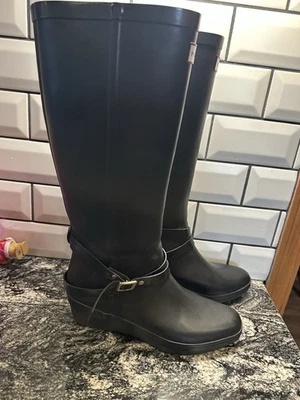 Hunter Boot Mujer Talla 9 Negro Caucho Natural Impermeable Cuña Alta Forro de Lluvia Foto 1 de 4