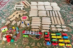 Large Bundle Brio & other Wooden Train Set 80+ pieces track bridges 6 engines - Picture 1 of 18