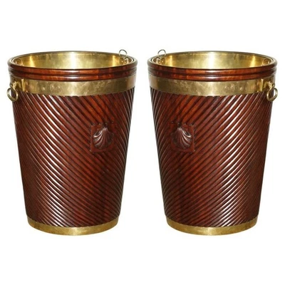 EXTRA LARGE PAIR OF BRASS & MAHOGANY GEORGIAN IRISH ANTIQUE PEAT BUCKETS - Image 1 of 4