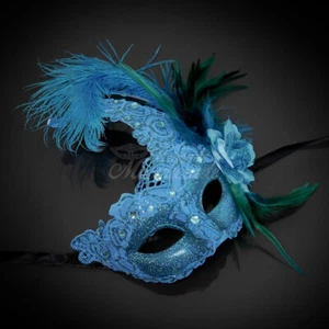 Women's Venetian Mardi Gras Masquerade Ball Mask with Feathers [Light Blue] - Picture 1 of 4