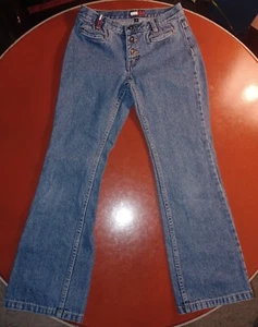 Vintage Tommy Hilfiger Jeans Girls 24x24 10 Green Buttonhole Y2K Wide Flare Leg - Picture 1 of 10
