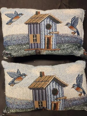 LOT OF 2 - Vintage - 6inx12in Blue Jay w/ Birdhouse Pillows - Possibly Handmade! - Image 1 of 2