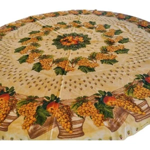 Fall Autumn APPLES , GRAPES & LEAVES 64" ROUND YELLOW  Tablecloth NO FAULTS  - Picture 1 of 7