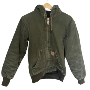 Vintage Carhartt USA Hooded Active Jacket - Khaki Green Canvas Workwear 90s Coat - Picture 1 of 6