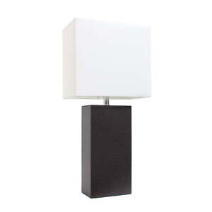 Modern Leather Table Lamp with White Fabric Shade, Espresso Brown