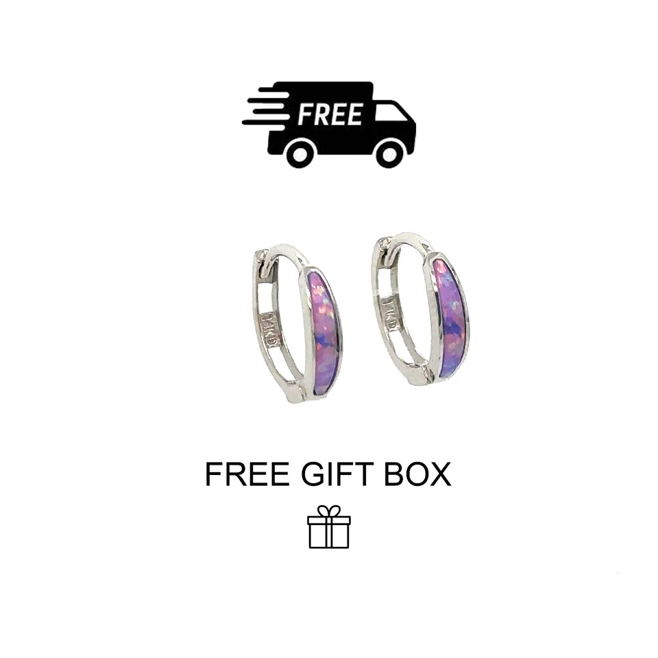 Pendientes de aro Huggie de ópalo púrpura de oro blanco de 14k Foto 1 de 1