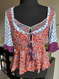 Tigerlily Folk Inspired Top W. Contrast Highlights 1/2 Sleeves & Tie Front Sz 6 - Picture 1 of 6