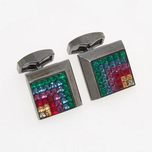 Gemelli Tateossian rettangolari in metallo argento con cristalli Swarovski azzurri - Foto 1 di 4