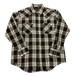 Plains Western Shirt Pearl Snap Plaid Brown Mens L Long Sleeve Cowboy - Picture 1 of 11