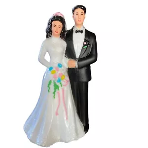 Vintage Wedding Cake Topper Groom & Bride 4.5” Plastic Black Hair NOS - Picture 1 of 5