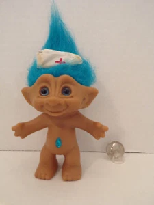 Russ Troll Doll~4"~Vintage~Nurse Hat~Big Ears~Blue Stone~Blue Hair~Blue Eyes - Picture 1 of 5