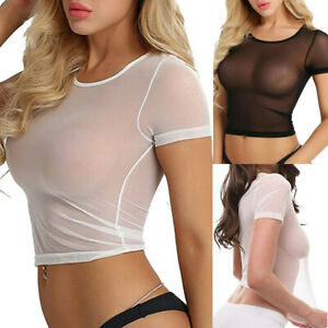 Women Sexy See Through Mesh Sheer Tank Crop Top Vest T-Shirt Blouse Tee Lingerie
