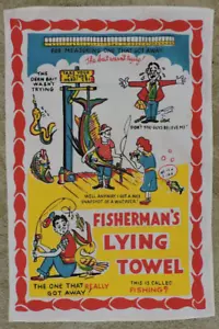 Toalla acostada de pescador de lino vintage de los años 50 - toalla de plato grande cómica - Imagen 1 de 4