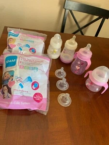 Lot of Baby Girl MAM Bottles & Pacifiers 2 New Easy Start & 4 others, nipples+ - Picture 1 of 3
