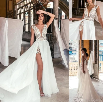 Sexy Deep V Neck Beach Wedding Dresses Side High Slit Lace Appliqued Illusion - Image 1 of 4