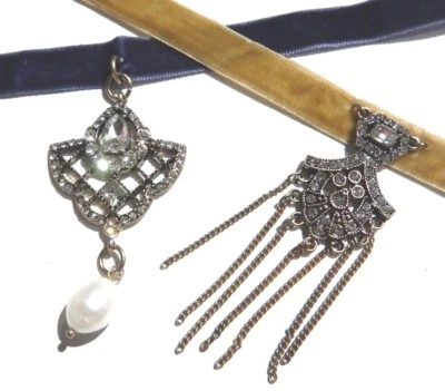 VELVET & CRYSTAL ART DECO CHOKER Great Gatsby rhinestones necklace flapper 1Y - Image 1 of 2