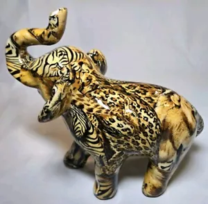 La Vie Elephant Figurine Safari Animal Print Patchwork Ceramic “Lucky Trunk” 7.5 - Picture 1 of 6