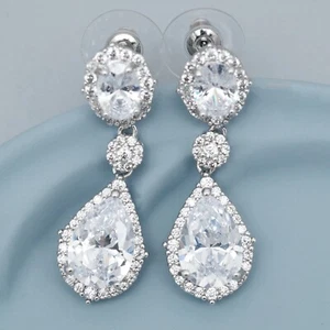 Dangle earrings Cubic Zirconia Teardrop White Gold Plated Wedding Bridal Women 3 - Picture 1 of 4