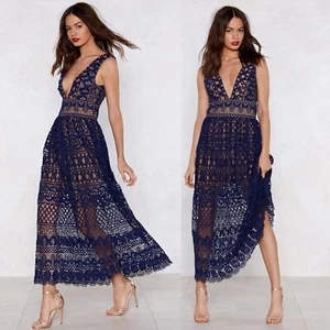 IVIVI In Lace of Emergency Maxi Dress Crochet Double V Wedding Cocktail Blue - Picture 1 of 12