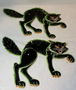 VTG Beistle Halloween Jointed Die Cut Out Wall Decor Lot (2) Scratch Cats Green - Picture 1 of 5