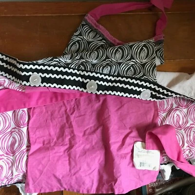 Super Cute White & Pink w Black Mu Kitchen 100% Cotton Full Size Apron w Ruffles - Image 1 of 4