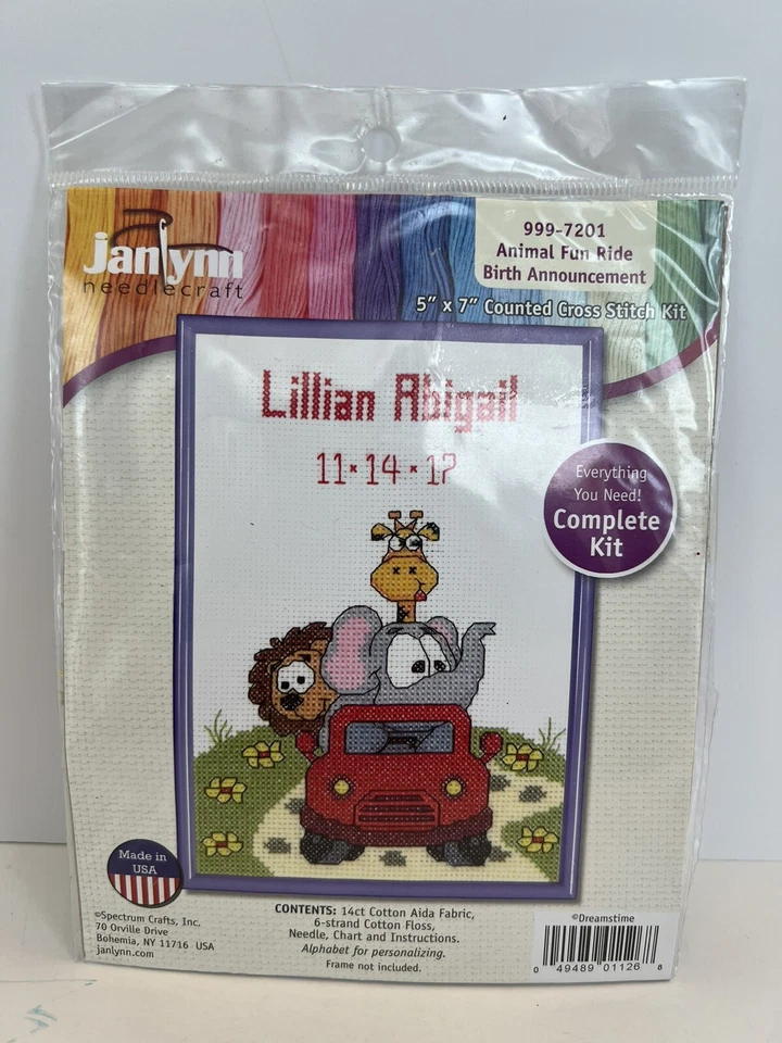 Janlynn Animal Fun Ride 5 X 7 Counted Cross Stitch Kit Birth Announcement