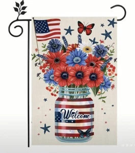 Primitive~Farmhouse~Americana Flowers & Mason Jar~Garden Flag~Double Sided - Picture 1 of 3