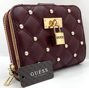 GUESS Brevard ZIP FOLD WALLET Bordeaux Red Leather PU Logo Clutch Purse BNWT NEW - Picture 1 of 13