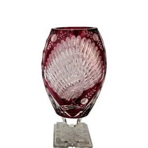 Ruby Cut To Clear Crystal Vintage Czech Bohemian Glass Art Peacock Vase 14" - Picture 1 of 8