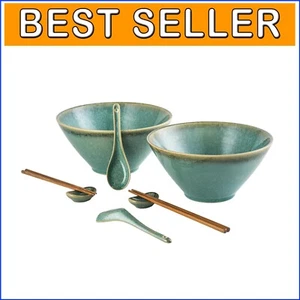 Reactive Green 71 OZ Ramen Bowls with Chopsticks & Spoons - Perfect for Sharing - Picture 1 of 10