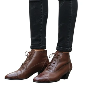 Predictions Women 11M Brown Leather Pointy Croc Rodeo Cowgirl Lace Up Ankle Boot - Picture 1 of 12