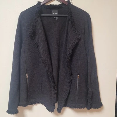 NIC+ZOE Black Textured Open Knit Cardigan Zipper Pockets Fringe 1X - Image 1 of 4