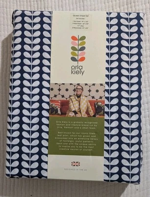 Orla Kiely Queen Sheet Set Tiny Stem  Cotton Percale New Dark Blue Whale - Image 1 of 4
