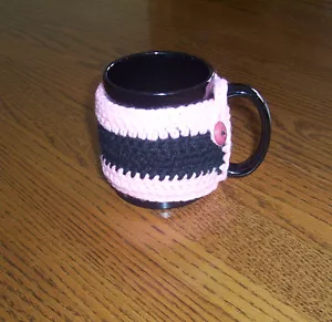 Hand Crochet Black and Bright Pink Buttoned Coffee Mug Cozy - Picture 1 of 3