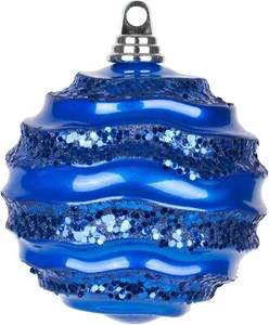 Vickerman 6" Christmas Ornament Wave Ball, Blue Stripe Candy Finish With Glitter - Picture 1 of 1