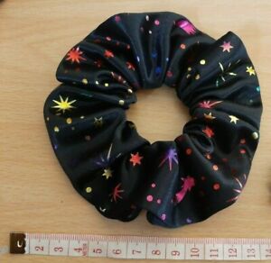 Quality Handmade Hair Scrunchie Black & Rainbow Foil Cosmic Synthetic Moon/Star