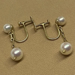 14k Yellow Gold Vintage Screw Back Earrings Double Pearl Drop 5mm & 7mm - Picture 1 of 14
