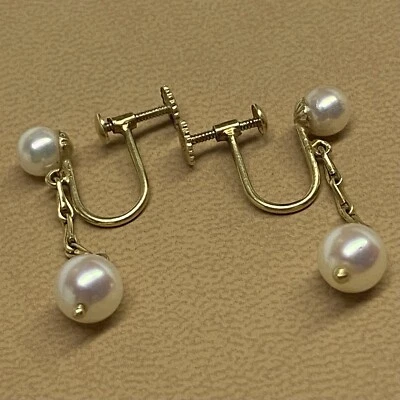 14k Yellow Gold Vintage Screw Back Earrings Double Pearl Drop 5mm & 7mm - Image 1 of 4