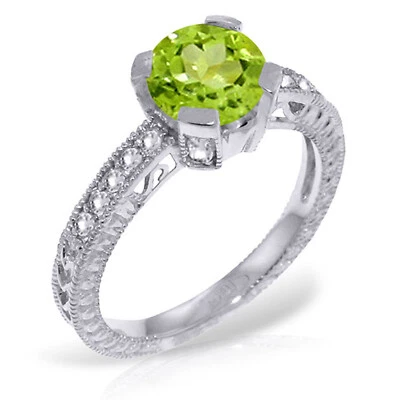 Platinum Plated 925 Sterling Silver Ring w/ Natural Diamonds & Peridot - Image 1 of 2